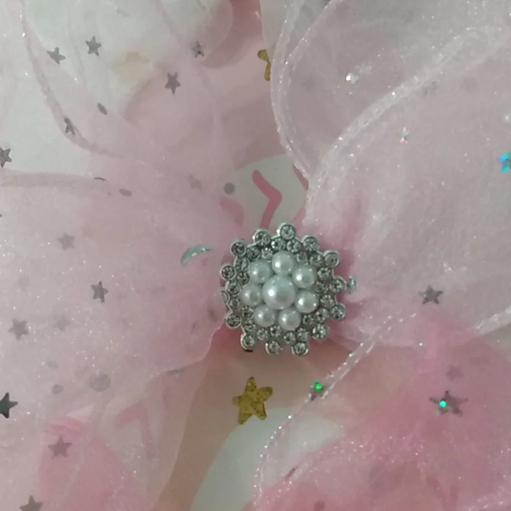 3 Pc.‎ Pink and White Sheer Hair Bow Clips With Rhinestones